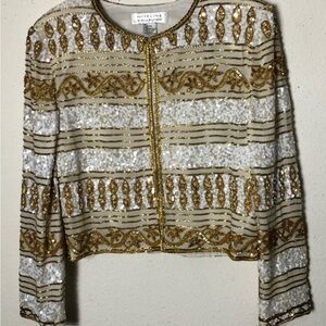 Niteline Della Roufogali white 100% Silk Beaded Gold Embroidered Cardigan Sz L